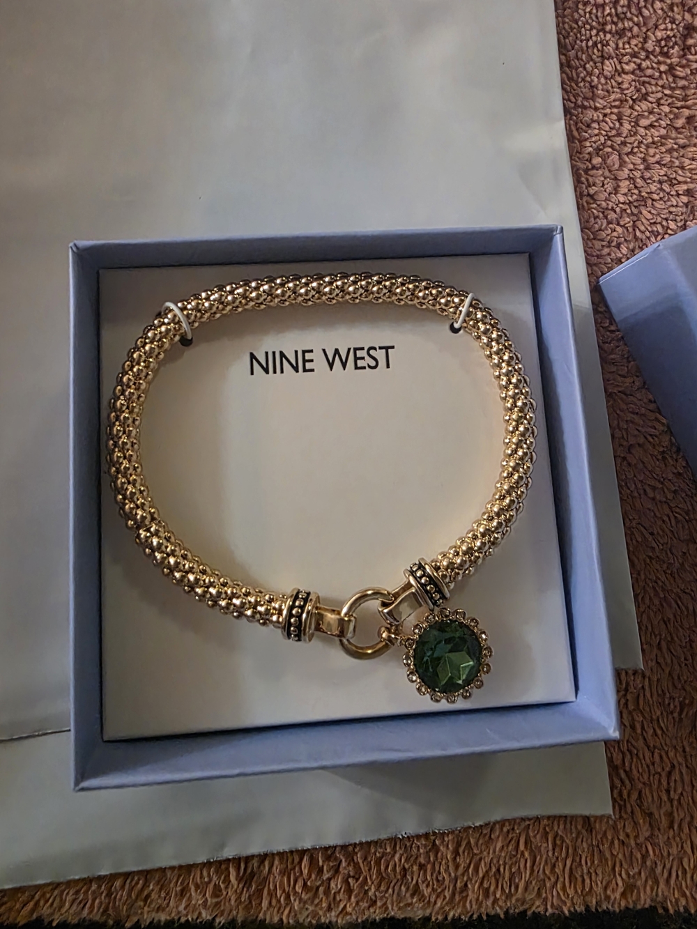 Nine West Gold-Tone Braided Bracelet with Green Gem Charm